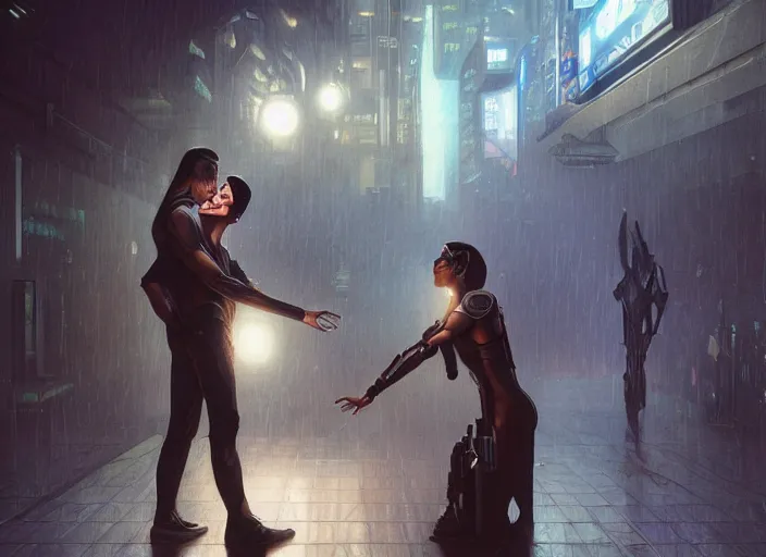 Prompt: ultra realistic medium shot of a couple of cyborgs kissing, lovers, cyberpunk, sci - fi, kodak, colour led, soft light, volumetric lighting, fog, rays, night, rain, metro station, intricate detailed, digital painting, concept art, smooth, sharp focus, illustration, art by artgerm and greg rutkowski and alphonse mucha