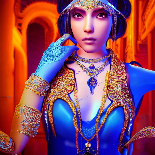 Prompt: photo of princess of sapphire, closed eyes, head down, glowing, ornate and intricate blue jewelry, jaw dropping beauty, glowing background lighting, blue accent lighting, hyper detailed, 4 k octane render