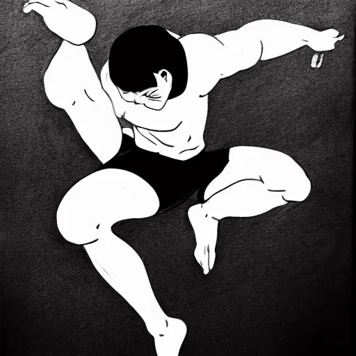 Image similar to a black and white drawing of a man doing a kick, an illustration of by gatoken shunshi, pixiv contest winner, black arts movement, dynamic pose, official art, sabattier effect