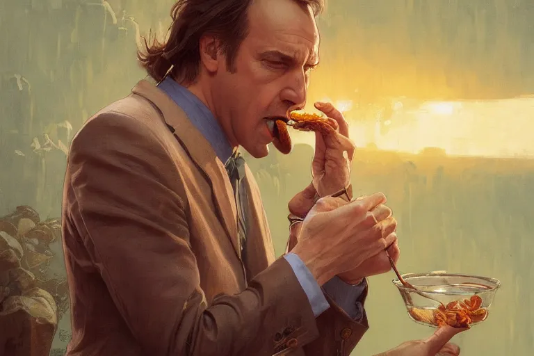 Image similar to photography of saul goodman eating, deep focus, intricate, elegant, highly detailed, digital painting, artstation, concept art, matte, sharp focus, illustration, art by artgerm and greg rutkowski and alphonse mucha