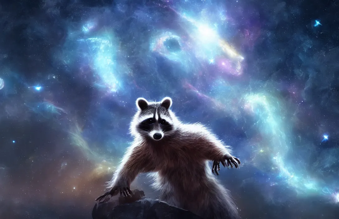 Image similar to A digital concept art painting a space cosmic racoon in the stars 4K UHD image, unreal engine