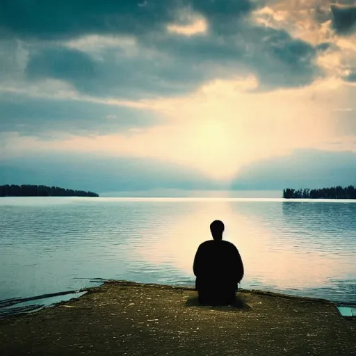 Image similar to a man sits by a lake, throwing pieces of his life into a bonfire. a great shapeless thing of darkness is drawn across the water to the light.