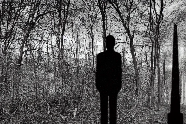 Prompt: night vision cctv photo of the skinny very tall slenderman shadow person standing in an overgrown playground