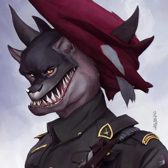 Image similar to beautiful portrait commission of a male furry anthro!!! half-bat half-shark wearing military clothes and a maroon beret. Active Warzone with guns and explosions Atmospheric. Character design by charlie bowater, ross tran, artgerm, and makoto shinkai, detailed, inked, western comic book art