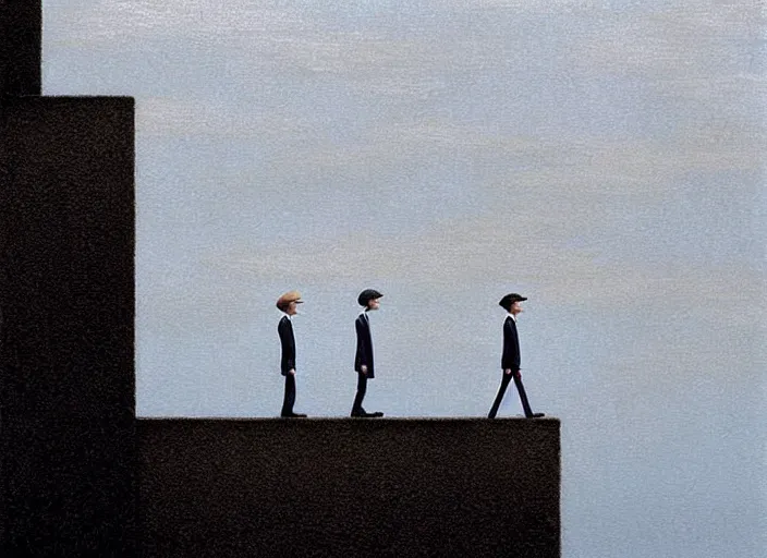 Image similar to walking on a very thin ledge, painting by quint buchholz and ray caesar, muted colors, gray, dull, boring, low energy, pale blue faces, very detailed, very coherent