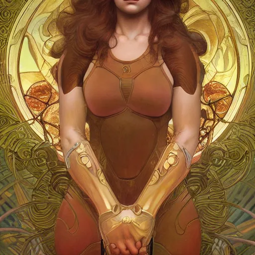 Image similar to Samus Aran from Metroid drawn by Donato Giancola and Tom Bagshaw, face by Artgerm and Edmund Leighton, Alphonse Mucha, background by James Jean and Gustav Klimt, 4k, porcelain skin, komorebi, french nouveau, trending on artstation, octane render, hyperrealistic