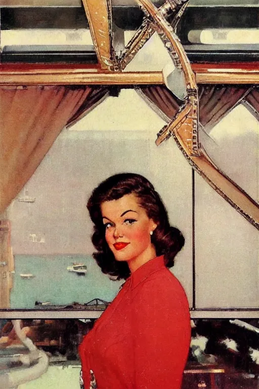 Image similar to portrait of a woman!! looking at the camera! brown hair!!!, eyes open!!, god rays! on a 1950s! ocean liner!! by norman rockwell, oil paint