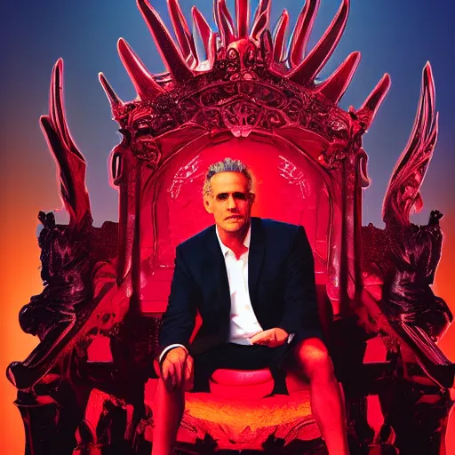 Prompt: jordan peterson seated on the throne of hell, highly detailed, fiery, red hues, lens flare