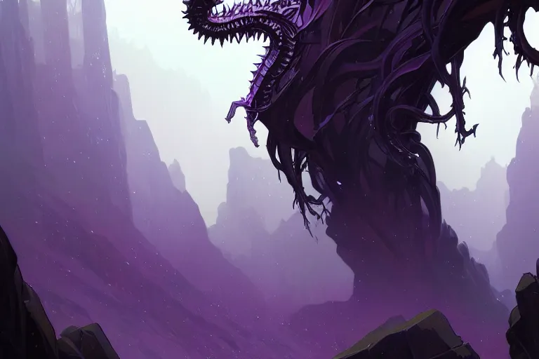 Image similar to concept art, view from afar of a crystal hydra, d & d creature, by greg rutkowski and alphonse mucha, gradient black to purple, monoliths in a dark forest background, highly detailed, digital painting, artstation, concept art, smooth, sharp focus illustration, artstation hq