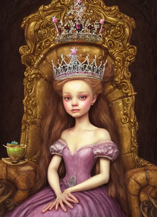 Prompt: highly detailed closeup, straight fingers, portrait of a fairytale medieval princess wearing a crown and sitting on a throne eating cakes, unreal engine, nicoletta ceccoli, mark ryden, earl norem, lostfish, global illumination, god rays, detailed and intricate environment