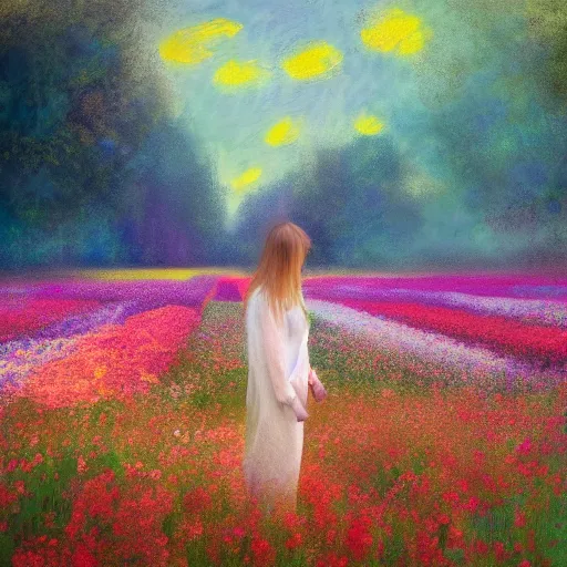 Image similar to woman standing in flower field, mattepainting, artstation, impressionism, blooming flower body