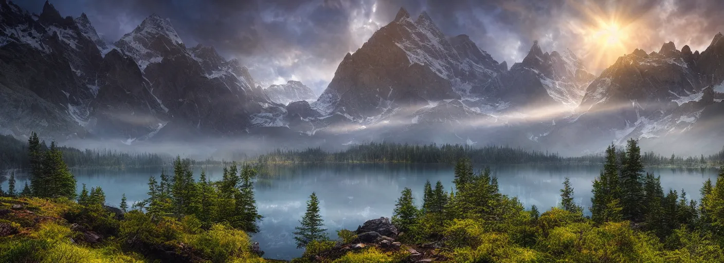 Image similar to photograph of mountains with a lake in front of them, trees on the side, rocks in foreground, mist with rays of light by marc adamus, highly detailed, intricate detail, cinematic lighting