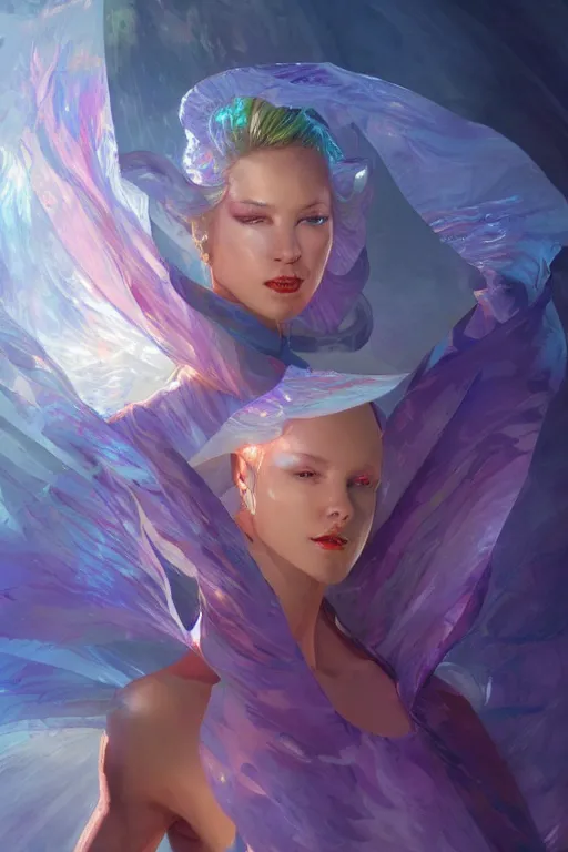 Prompt: portrait of the dome diceling dancer wearing iridescent hall cape by artgerm and Craig Mullins, James Jean, Andrey Ryabovichev, Mark Simonetti and Peter Morbacher 16k