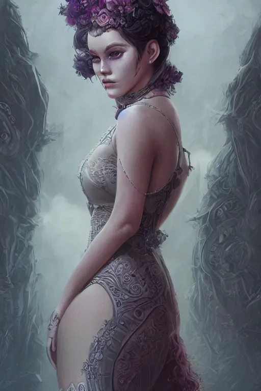 Image similar to ultra realist and ultra intricate detailed character concept art of a beautiful flirt muerte girl in a curvy long dress facing camera, symmetry features, sensual style, volumetric light and fog, fantasy background, artstation, Tom Bagshaw artstyle