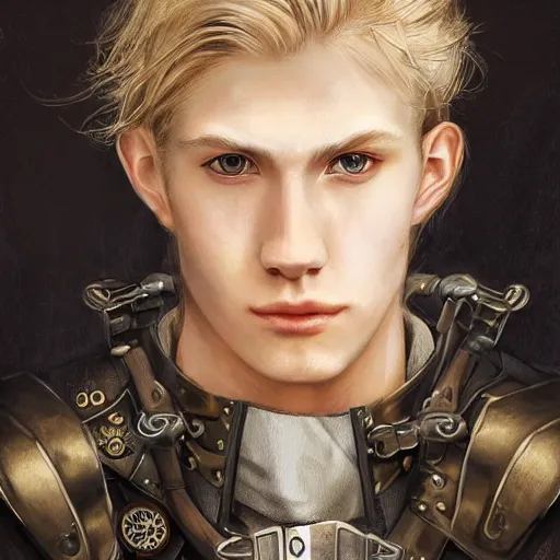 Image similar to portrait of a man by ayami kojima, norwegian, he is about 2 0 years old, blond short hair, tall and strong, older brother vibes, he is wearing a steampunk tactical gear, highly detailed portrait, digital painting, artstation, concept art, smooth, sharp foccus ilustration, artstation hq