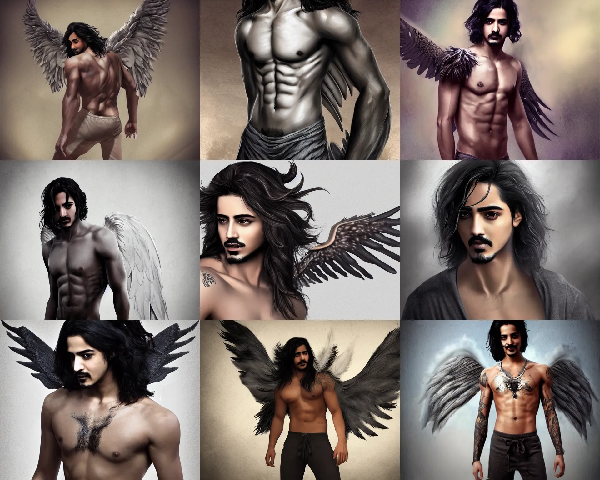 Prompt: male angel avan jogia with large wings. gray feathers. shirtless and sweatpants. Smooth brown skin. Long black hair. Distant full body shot. detailed urban fantasy digital art, trending on artstation