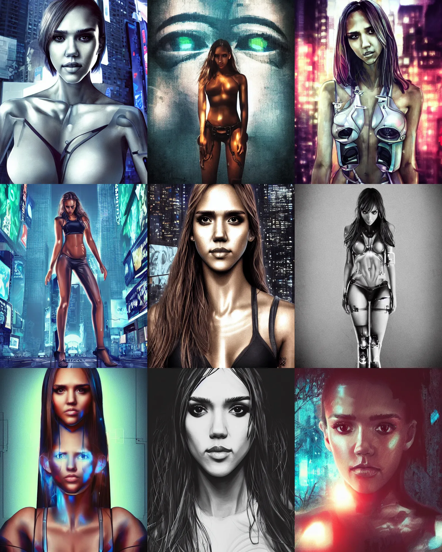 Prompt: ig body portrait of jessica alba cyborg young woman in an overgrown nyc times square, facing the camera, symmetrical, raver girl, pinterest, anime girl, cinematic, smooth, clean digital concept art,