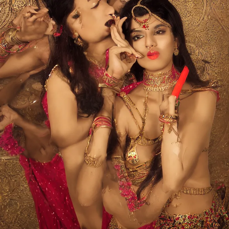 Image similar to bollywood hookah smoking nymphs, androgynous, sharp focus, neotenous, by chen man