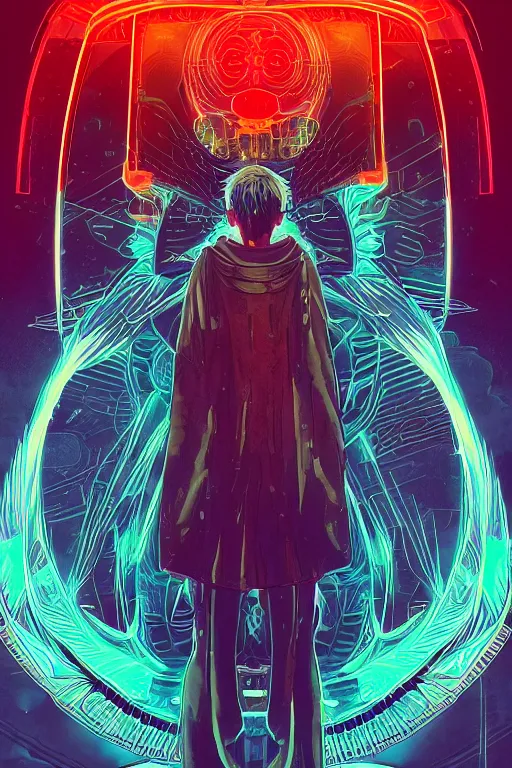 Image similar to white arc-angel with mystic robotic wings, blade runner, akira, ghost in the shell, 2077, style of Laurie Greasley and Satoshi Kon + symmetric lights and smoke, psychedelic effects , glowing particles, neon rain, glowing runes, de-noise, symmetrical composition, high detailed + tarot card, ornate border, 8k