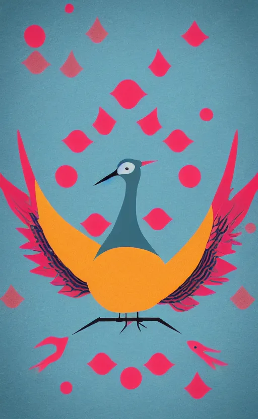 Image similar to poker card style, simple, modern look, solid colors, colorful, japanese crane bird in center, pines symbols, front game card, vivid contrasts, for junior, smart design