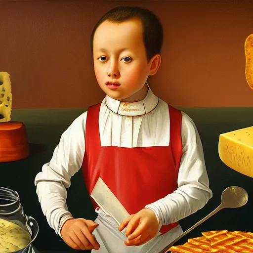 Prompt: a highly detailed oil painting of an 8 year old king ruling a cheese kingdom where everything is made from different types of cheese, surreal, 4 k, trending on art station, in the style of caravaggio and comic book style