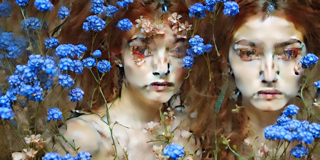 Image similar to breathtaking detailed concept art painting portrait of the goddess of nemophila flowers, orthodox saint, with anxious piercing eyes, ornate background, amalgamation of leaves and flowers, by hsiao - ron cheng, extremely moody lighting, 8 k