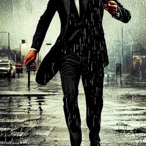 Image similar to john wick playing a guitar!!!, in the rain!!!, photorealistic!!!, realistic, dramatic, cinematic!!!, photography