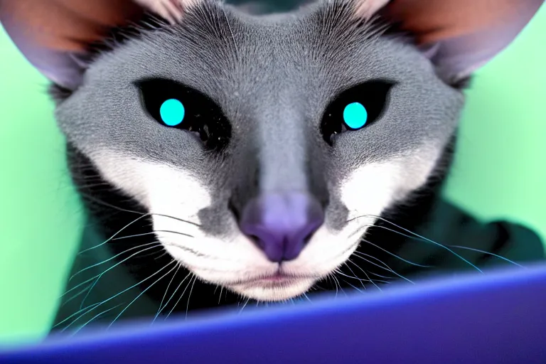 Image similar to a blue - and - black male blue / green heterochromatic catbat fursona with blue / green heterochromatic eyes ( one eye green ) and huge bat ears, photo of the catbat streaming on his computer