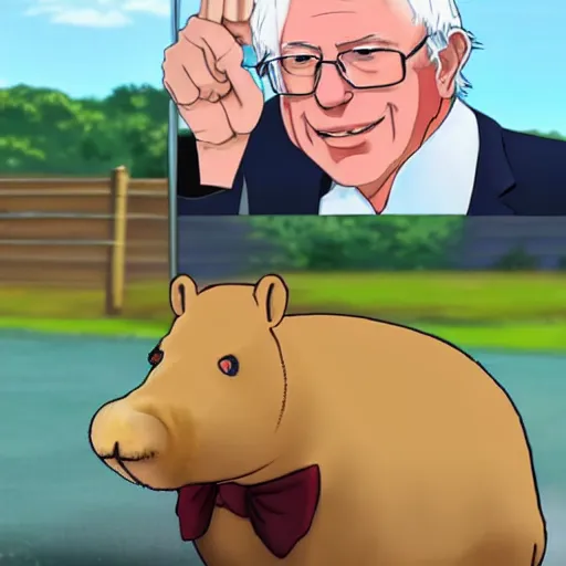 Image similar to Bernie Sanders riding a capybara anime