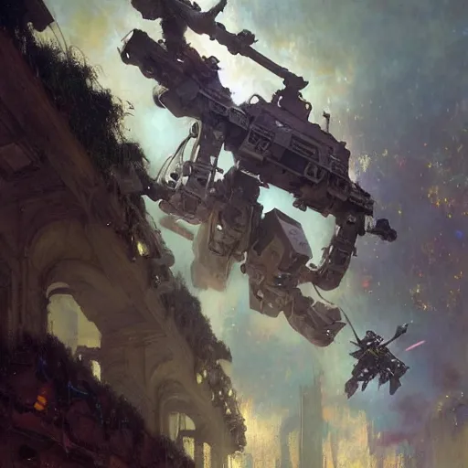 Image similar to six meters tall mech fighting in an urban environment, epic action scene, ultra realistic illustration by gaston bussiere craig mullins jc leyendecker gustav klimt artgerm greg rutkowski john berkey, bergey, craig mullins, ruan jia, raymond swanland, jeremy mann, tom lovell, alex malveda, ray casting, hdr