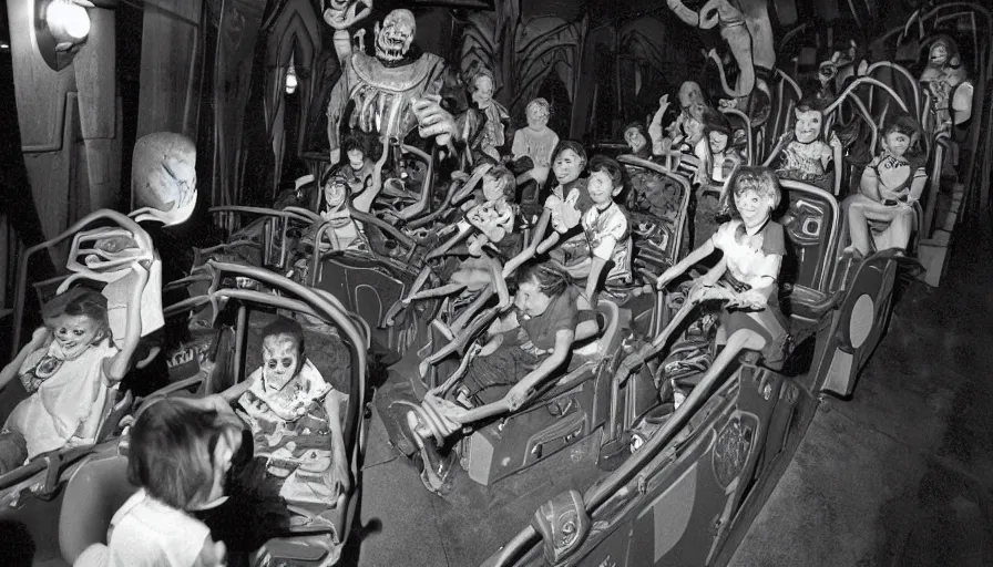 Prompt: 1990s photo of inside the Goosebumps Ride at Universal Studios in Orlando, Florida, children riding through a Haunted ventriloquist theater, slime, cinematic, UHD