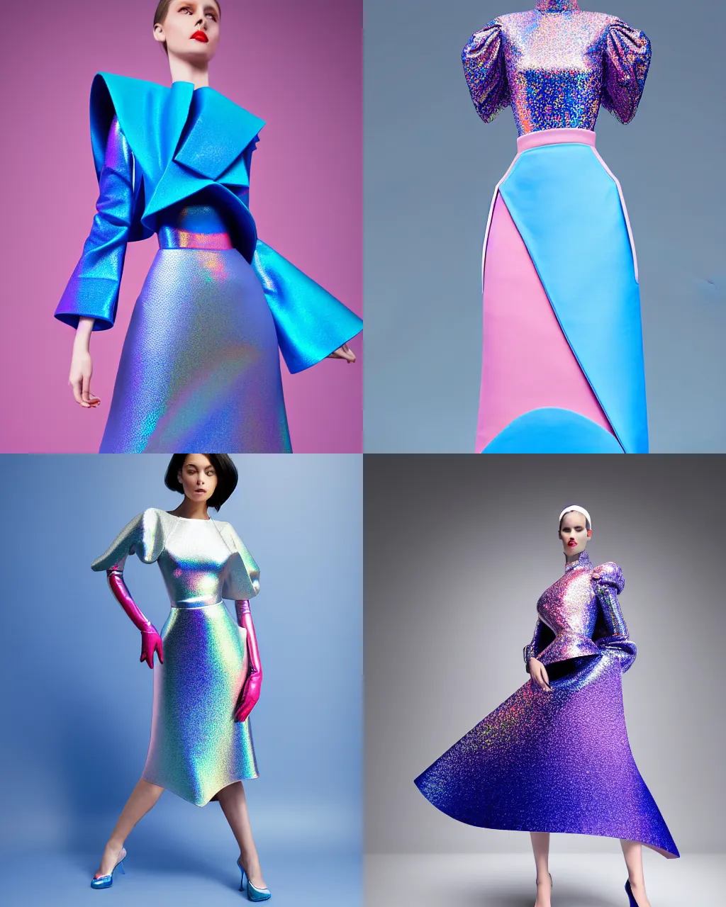 Prompt: designer figure collection ball shaped accordion sleeve haute couture, sailor uniform, midi skirt, coat, synthetic curves striking pose, dynamic folds, cute pockets, volume flutter, youthful, modeled by modern designer bust, body fit, award fashion, picton blue, petal pink gradient scheme, holographic tones, expert composition, professional retouch, editorial photography
