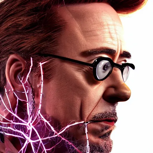 Prompt: animatronic Robert Downey Jr, exposed wires, photo, Stan Winston studios, detailed, 4k