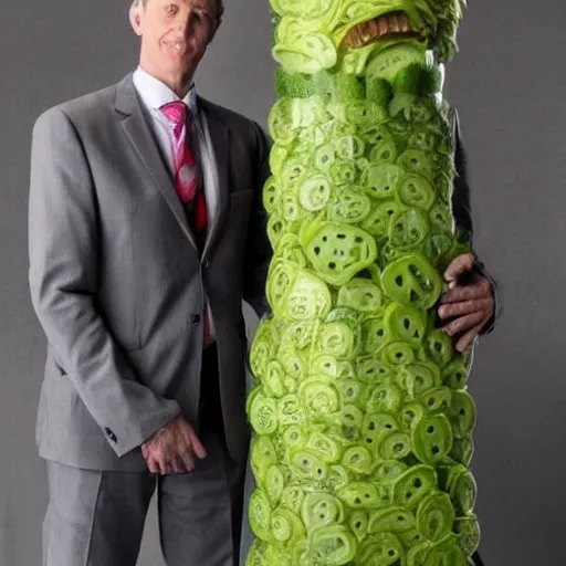 Image similar to a tall man in a suit, the man is made out of pickles, surreal, highly detailed