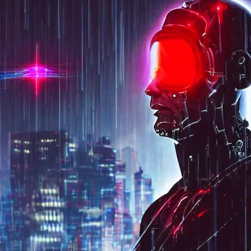 Image similar to cyberpunk man that is half a robot in half a human flesh his left eye is a red glowy eyes it's made of metal the man is holding a laser gun standing on a mountain the background is is a cyberpunk city the weather is raining