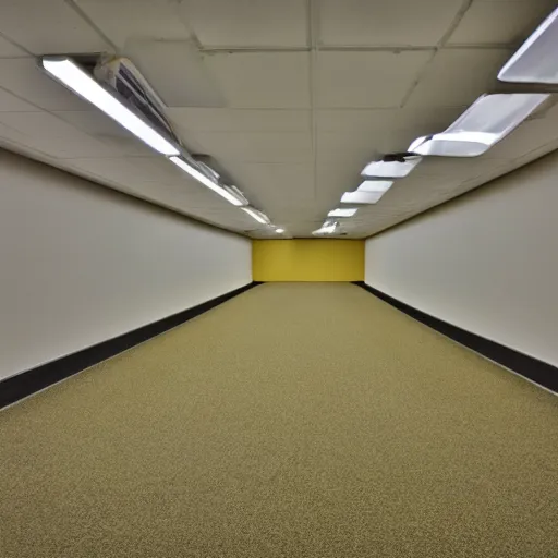 Image similar to Backrooms, old moist carpet, mono-yellow, fluorescent lights, randomly segmented rooms, creepy