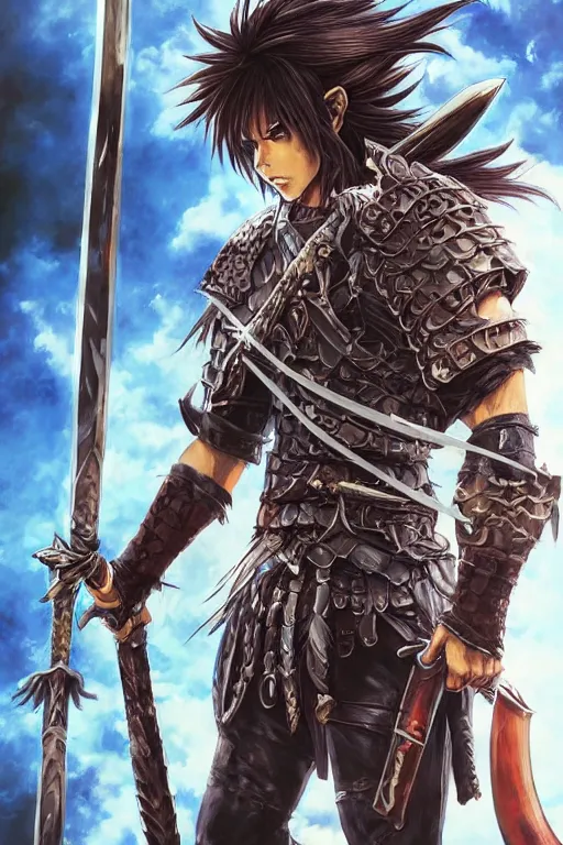 Image similar to A realistic anime portrait of a young handsome male barbarian with long wild hair, intricate fantasy spear, plated armor, D&D, dungeons and dragons, tabletop role playing game, rpg, jrpg, digital painting, by Ayami Kojima and Yusuke Murata and Kentaro Miura, concept art, highly detailed, promotional art, HD, digtial painting, trending on ArtStation, golden ratio, rule of thirds, SFW version