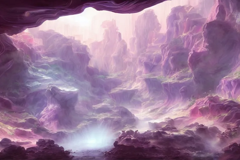 Image similar to Celestial majestic luxurios futuristic other worldly realm with Singaporean royal gold lush volcano, set on Antelope Canyon with white thermal waters flowing down pink travertine terraces, relaxing, ethereal and dreamy, thunderstorms and multiversal tornado, visually stunning, from Star Trek 2021, illustration, by WLOP and Ruan Jia and Mandy Jurgens and William-Adolphe Bouguereau, Artgerm