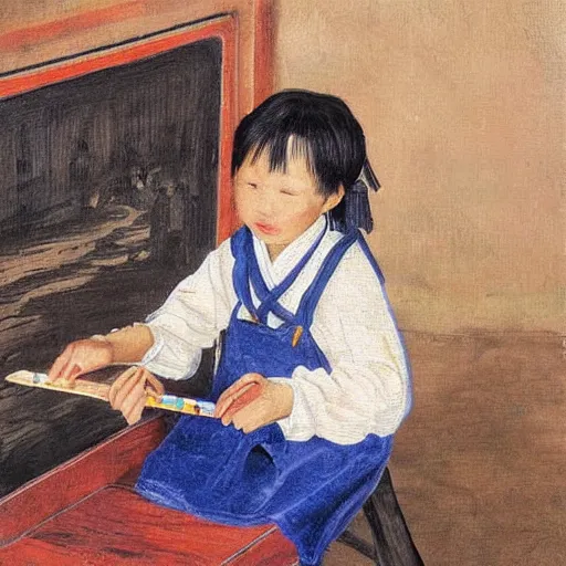 Prompt: chinese child working in a factory, painting, gothic