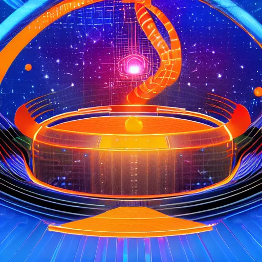 Prompt: an orange and blue contrast digital stadium in outer space, tron, digital art, holograms