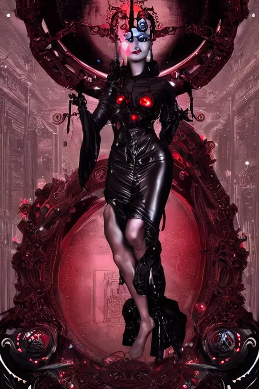 Image similar to full-body cyberpunk style sculpture of a young beautiful dark priestess, half android with a head opening exposing circuitry. glowing red eyes, black roses, flowing blood red colored silk, fabric, candles. baroque elements, human skull. full-length view. baroque element. intricate artwork by caravaggio. crows flying in background. Trending on artstation .octane render, cinematic lighting from the right, hyper realism, octane render, 8k, depth of field, 3D