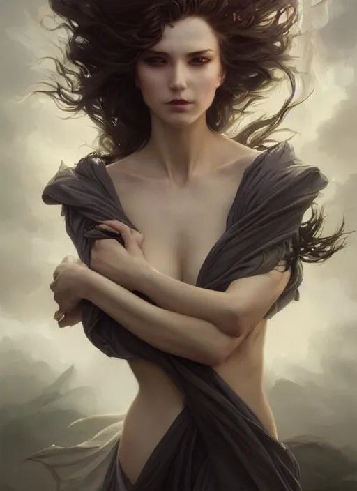 Image similar to photography of a seductive wind swept death, full body portrait, deep focus, d & d, fantasy, intricate, elegant, highly detailed, digital painting, artstation, concept art, matte, sharp focus, illustration, hearthstone, magic the gathering, art by artgerm and greg rutkowski and alphonse mucha