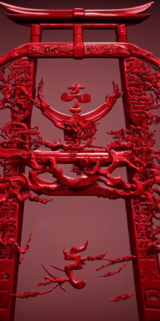 Image similar to 3 d render of a carved red torii gate sculpture, chrometype, made of liquid metal, neotribal with thorns and thunders, japanese temple, raytraced, volumetric lightning, 8 k, by zhelong xu, ouchh and and innate studio