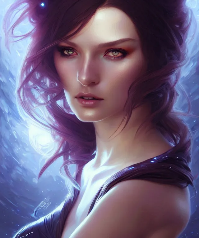 Image similar to futuristic woman portrait, sci-fi, amber eyes, face, long hair, fantasy, intricate, elegant, highly detailed, digital painting, artstation, concept art, smooth, sharp focus, illustration, art by artgerm and greg rutkowski and alphonse mucha