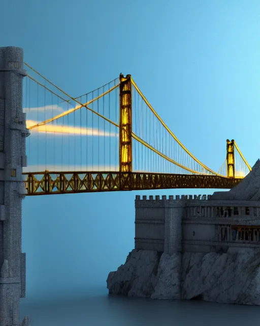 Image similar to scientifically realistic render scifi golden bridge to royal fortress stronghold temple carved out of marble skeleton and blue gems rendered in octane