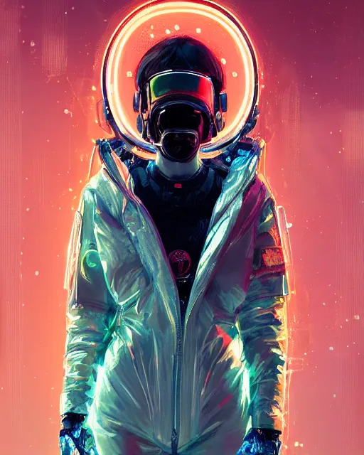 Image similar to detailed portrait Neon Spacesuit Girl, cyberpunk futuristic neon, reflective puffy coat, decorated with traditional Japanese ornaments by Ismail inceoglu dragan bibin hans thoma greg rutkowski Alexandros Pyromallis Nekro Rene Maritte Illustrated, Perfect face, fine details, realistic shaded, fine-face, pretty face