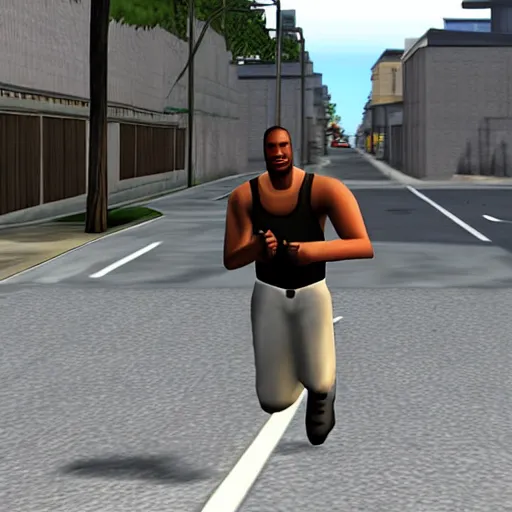 Prompt: Carl Johnson running down a street, Grand Theft Auto San Andreas