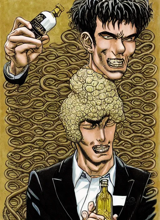 Image similar to portrait of a snake oil salesman offering you a bottle of serum formula, art by Kentaro Miura, it idn't greasy