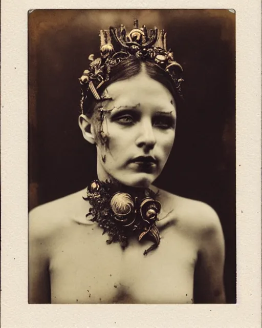 Prompt: a beautiful detailed front view portrait of a dead rotten princess with cyberpunk ornate growing around, ornamentation, elegant, beautifully soft and dramatic lit, polaroid 1 9 1 0 photo