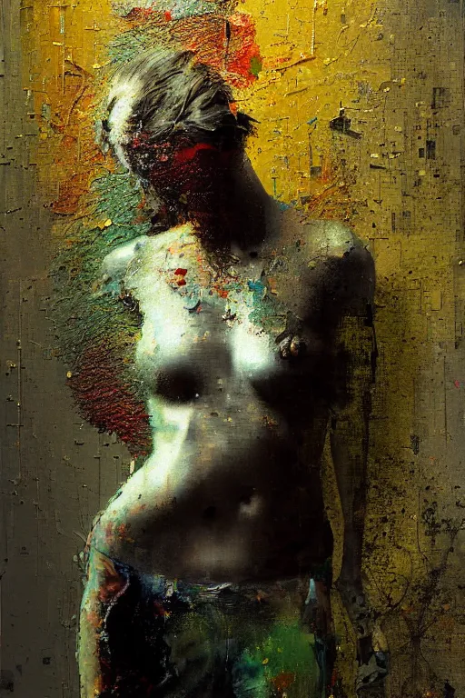 Image similar to a beautiful glitched painting by robert proch of a woman in a glitched bathroom, metal rust and plaster materials, pixel sorting, color bleeding, brushstrokes by jeremy mann, still life, dark colors